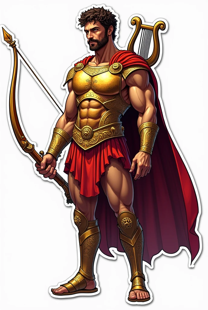 Apollo the god of sun wearing an armour and holding a bow and arrow and a lyre. Make him facing in front and his face a little fierce. No background, with bold outline, and sticker style. Make it just a half body.
