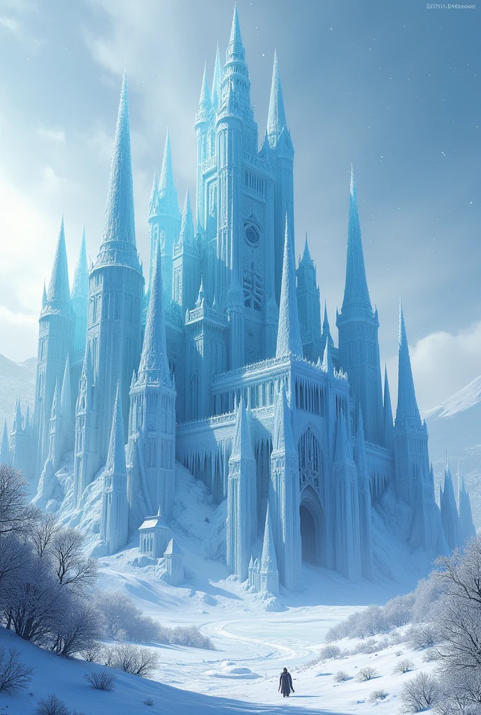 Make me a giant, imposing ice castle with an ice fortress in winter