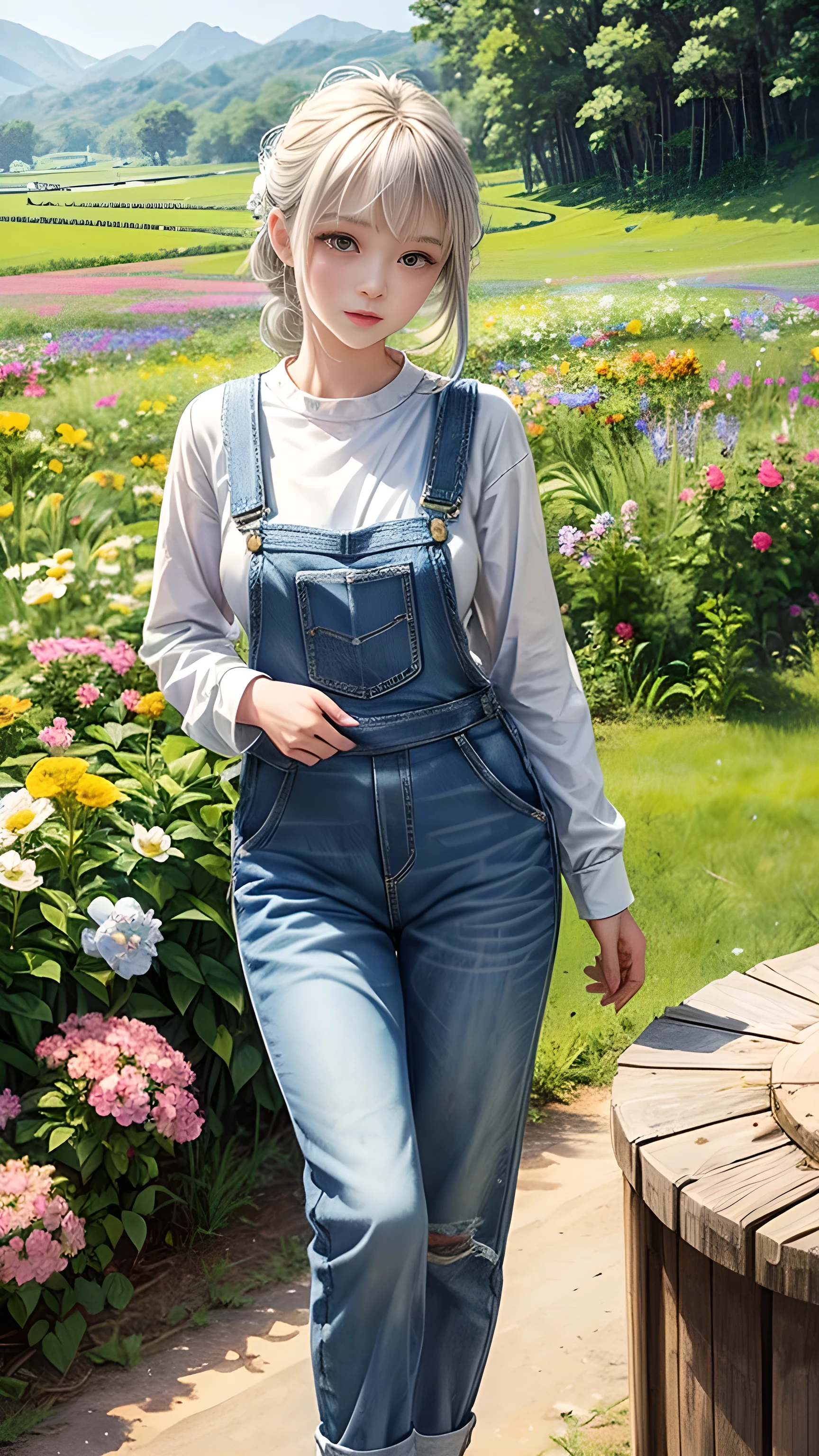 Imaginative ideas about your dream girlfriend、Warm description，Envision becoming your dream lover and life partner。She embodies the simplicity of Chinese rural girls、Diligent，Integrate wisdom、Beautiful and Diligent personality。This artwork depicts her in a rural setting，Radiate sweetness、Romantic atmosphere。((She was wearing simple denim overalls and a white shirt))，It reflects her humble origins and simple character.。Gentle and beautiful facial features，Very friendly expression、Tempting。Picturesque rural scenery in the background，Rolling Hills、Fields and traditional country houses，Adds a sweet and rustic romantic charm。The overall style combines realism and idealized rural beauty，Embodying the dreamlike、The essence of a cute country girl, (Flowers Watercolor:1.5)，(Ultra high saturation, Bright and vivid colors:1.5), (National Foundation), (Look directly at the audience:1.5)