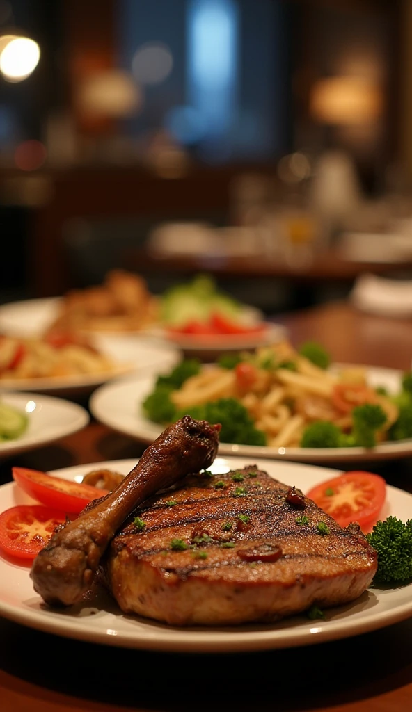 Dishes with meat and vegetables not very abundant in a restaurant at night
