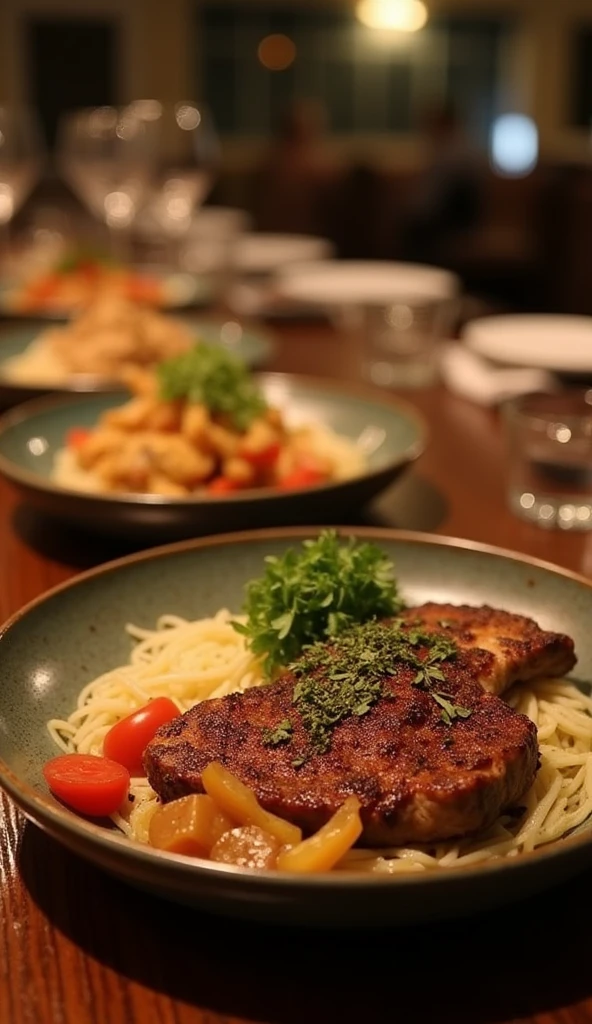 Dishes with meat and vegetables not very abundant in a restaurant at night