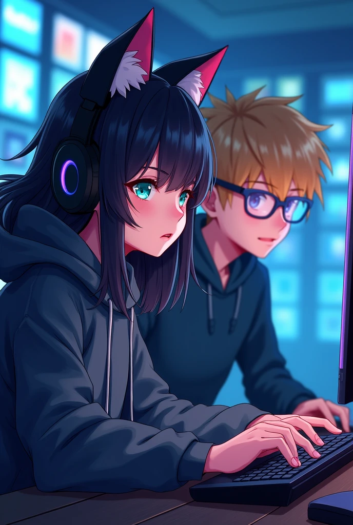 Gamer girl in a hood with cat ears with dark hair below the shoulders, gamer guy next to him in transparent glasses with blond hair , at the computer