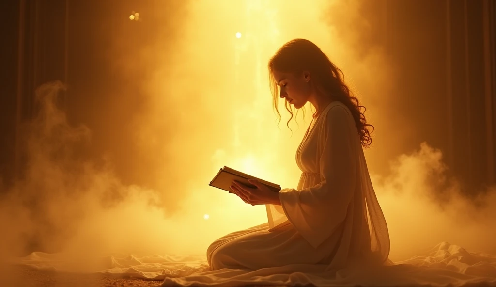 In an environment enveloped in golden tones and softly illuminated by a celestial light that seems to descend from the sky, a woman kneeling with an open Bible in her hands where she is illuminated by the soft light emanating from above. A pessoa, with a look of concentration and in a gesture of devotion and surrender, in the same model as the second previous photo , where the man is in danger