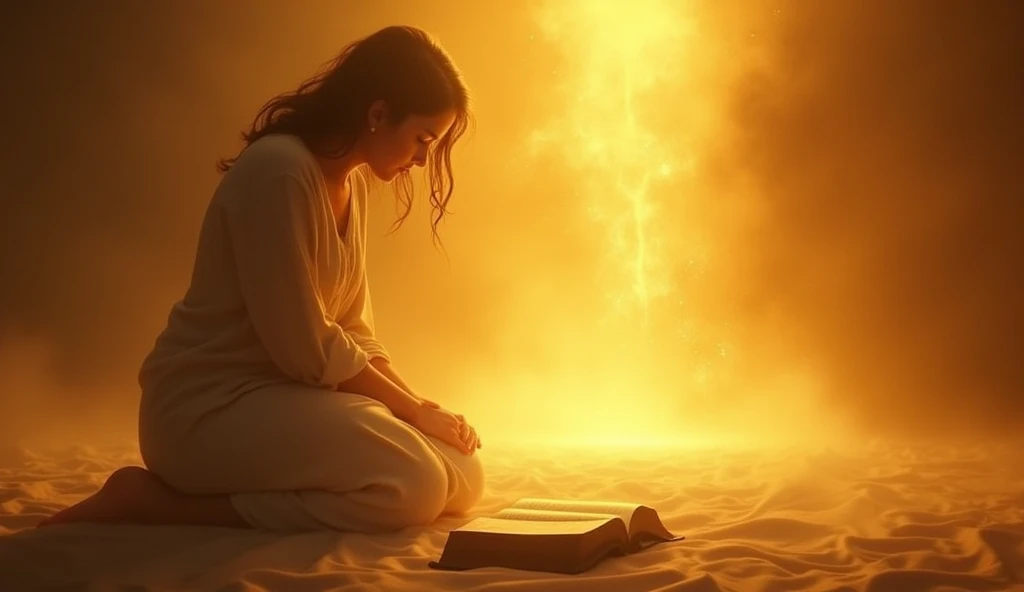 In an environment enveloped in golden tones and softly illuminated by a celestial light that seems to descend from the sky, a woman kneeling with an open Bible in her hands where she is illuminated by the soft light emanating from above. A pessoa, with a look of concentration and in a gesture of devotion and surrender, in the same model as the second previous photo , where the man is in danger