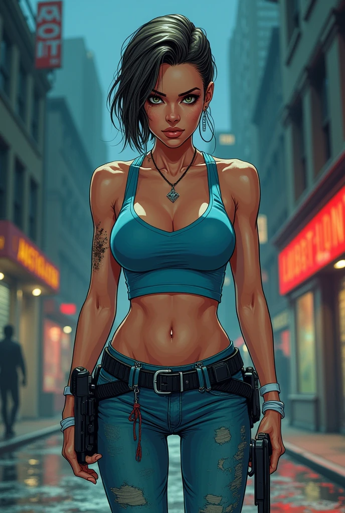 Color comic illustration with Herge style of (One Woman),(whole body:1.5),(front:1.5),(((Jill Valentine is standing:1,5))),((Blue tank top:1.5)),((Dirty jeans:1.5)),(black tactical holster:1.2),((White sneakers:1.5)),BREAK((anger:1.5)),(short hair:1.5),(Dirty Face:1.5),(Beautiful Eyes:1.3),(Very detailedな顔:1.5),((Very detailed drawing of a female hand:1.5)),((muscular:1.5)),((Sexy Looks:1.5)),(Beautiful body:1.5),(Very sensual:1.5),BREAK(The background is an American-style night city:1.5),((biohazard style:1.5)),(((Blur the background:1.5))),(Written boundary depth:1.5),BREAK(((masterpiece:1.5),(highest quality:1.5),(Very detailed:1.5),(High resolution:1.5),(Realistic:1.5),(Photorealistic:1.5),(Delicate depiction),(Careful depiction))),8k,wallpaper