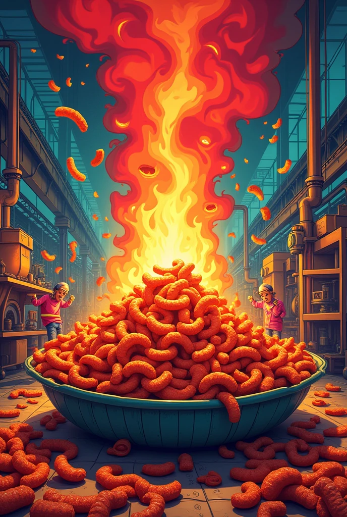 Create me an image where the creation of the fire Takis is referenced