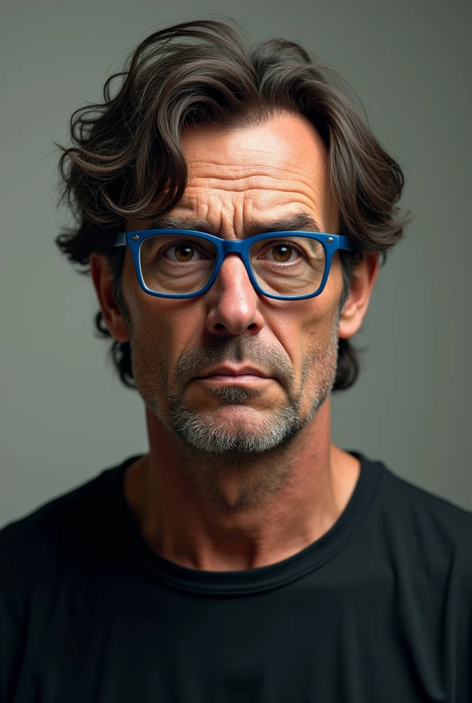 one men , with disheveled brown hair, serious and wrinkled face, square face, wearing blue square glasses and brown eyes wearing a black shirt