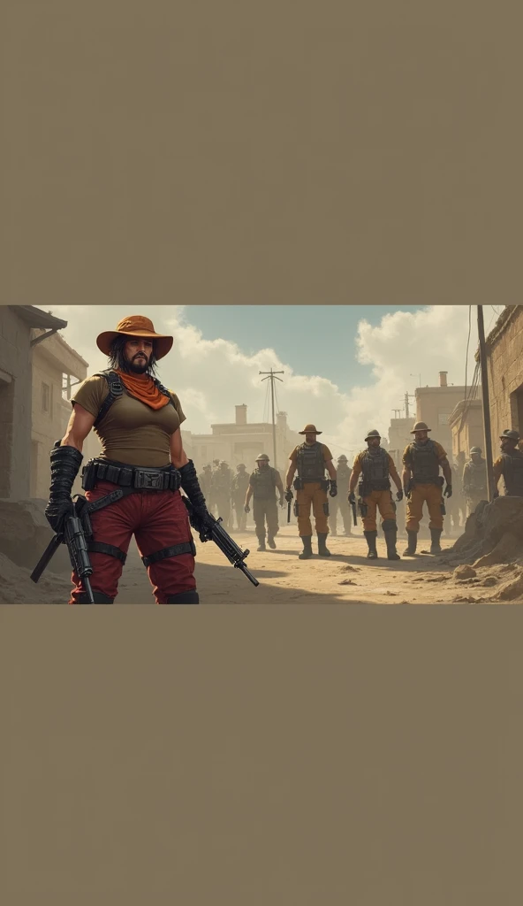 best quality，masterpiece，full-body shot，A man，A Nordic woman，mercenary，Perfect and well-developed muscles，Thick arms，Beard，short hair，temple，Foul Mouth，Large genitals，Very high nose，Orange Khaki Duckbill Hat，（Brown T-shirt），（Tactical bulletproof vest！），An orange cloth towel is wrapped around the neck，Wearing a tactical waistband around the waist，There are various tactical throwing objects hanging on it.，Military black tactical belt，Desert open toe gloves，Red camouflage tactical pants，Black leather knee pads，Black leather combat boots。（Note the color difference above！）