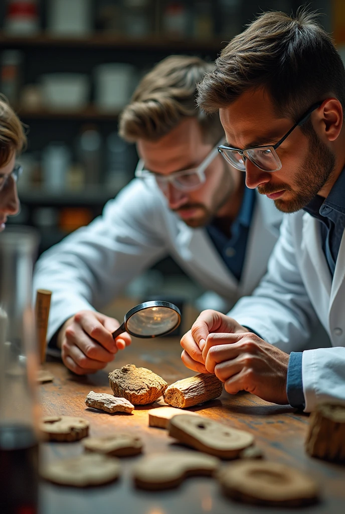 Close-up of ancient wood samples being analyzed by scientists, with a magnifying glass and laboratory equipment visible. The wood has characteristics that suggest an ancient age."