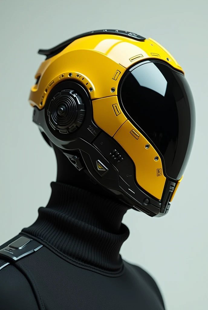 Man with technological mask that covers his entire face, yellow and black on his face 