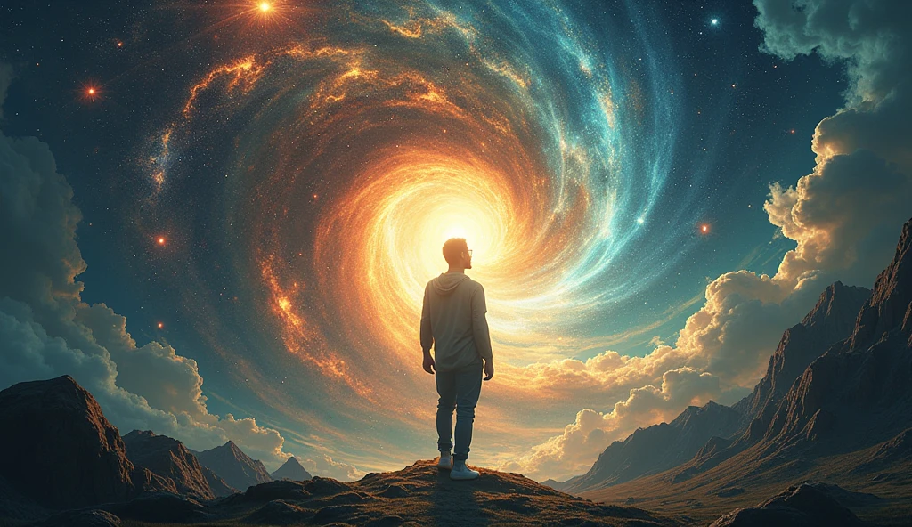 An image of a person undergoing personal growth, with a background of shifting celestial patterns and transformative symbols. The mood should be introspective and empowering. --ar 16:9