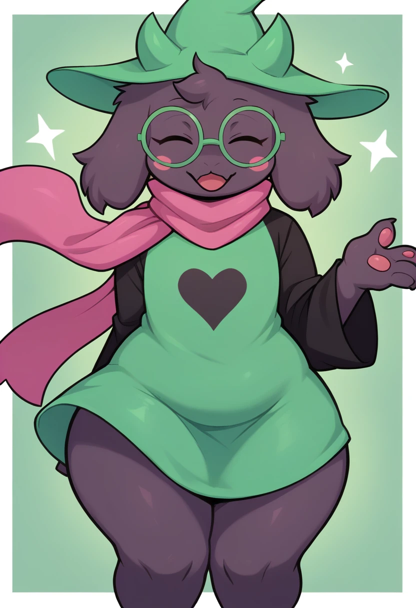  (score_9, score_8_up),furry, fur, face, Ralsei(deltarune), goat, dark fur, Green horns (they're usually pink, but the hat is covering them), black sleeves, cute, green glasses, hat, green shirt, wide hips, thick thighs, Chubby ass,  standing,pink scarf,closed eyes, happy, smug face,  {{Artist: %asanagi%}},  1furry, solo, male, Stickers, 
