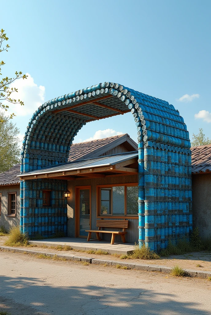 country bus stop made of old blue cans that has an arch with photovoltaic panels on its roof that illuminates. This paneled arch must be from the panel roof to the other end of the street..