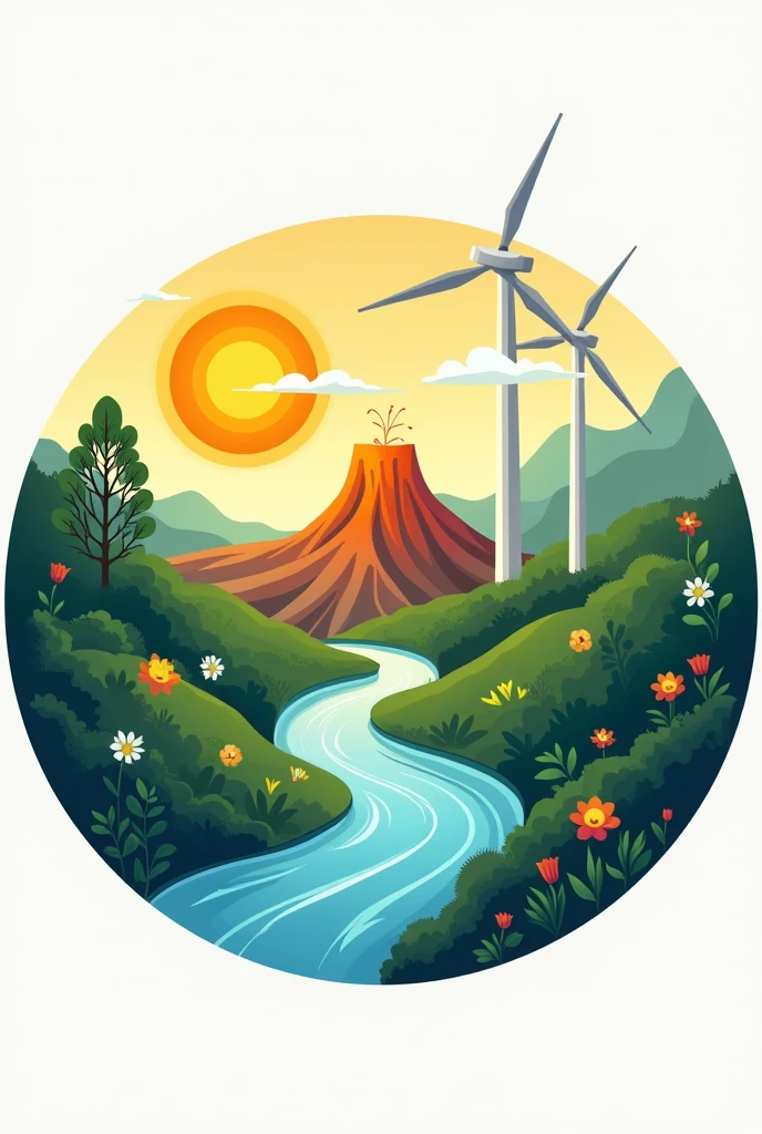 Create a circular image for the logo of an educational project on renewable natural resources, within a diverse ecosystem with a sun, volcano and river. Wind Power Representation, Solar Energy