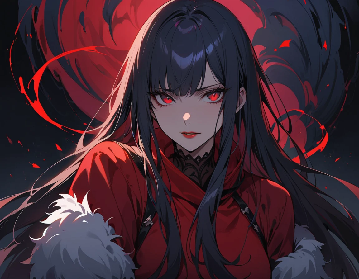 Long dark hair, dark eyes, evil, black and red clothes, evil face, evil, gloss lips, sinister, front look, bloody, gloves, close up, portrait, beautiful eyes, big white, dark place, night, sensual, straight hair cut, clear skin, evil, young 30 years girl, adult girl, solo, red, very long hair, ankle length hair, handsome older WOMAN,red pupils,Long dark blue hair,Hyperresolution,accuracy,Detailed rendering,(Image of fine hair)(topquality)(Masterpieces of masters)(High degree of completeness)(A sense of atmosphere)tmasterpiece,Super detailed and super detailed(((full-body)))(((Loose fur fighter outfit))) (((Soft expression)))(((ankle length dark blue hair)))