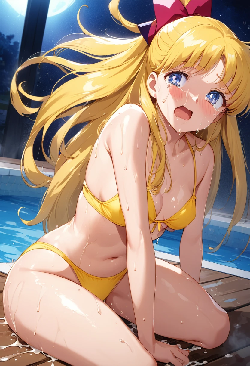 masterpiece, Highest quality, High resolution, (Minako Aino),1990s \(style\),Yellow swimsuit、Yellow Bikini,(D-cup beautiful breasts),tall,Sweating all over the body、vapor、(One Man and One Woman)、((Sex))、penis,Hosomi、(sexy)、(nsfw),A face writhing in pleasure、The whole body is covered in sex fluids、Sweaty、Top-down composition、Crying face、Semen splattered on face、Anime-style painting style,Blonde、Long Hair、A composition that focuses on the whole body,The background is a night pool