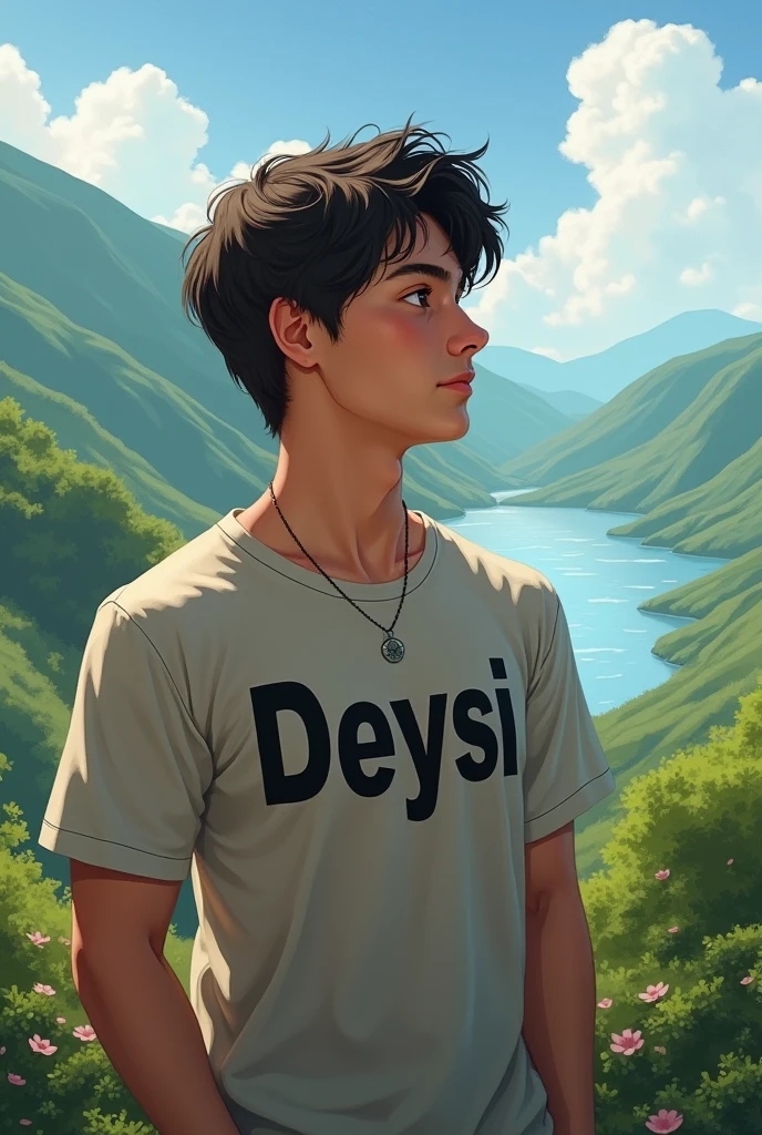 A young man thinking that the background is a landscape and that his shirt has the name deysi