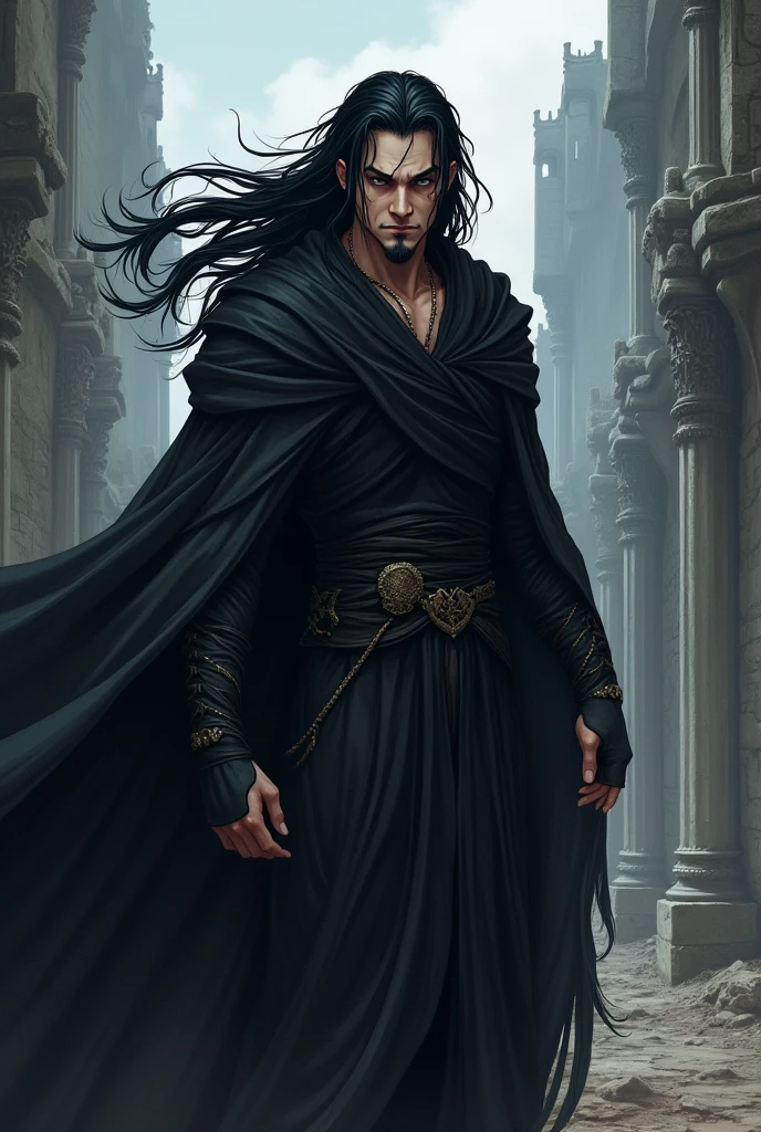 Um djinn, with black hair and eyes, sem beard, with a scar on his face. Wearing an ancient and torn black cloak. anime traits, in a medieval time.
