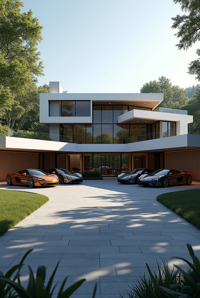 A very large modern house with a garage on each side containing 3 super sports cars in each garage