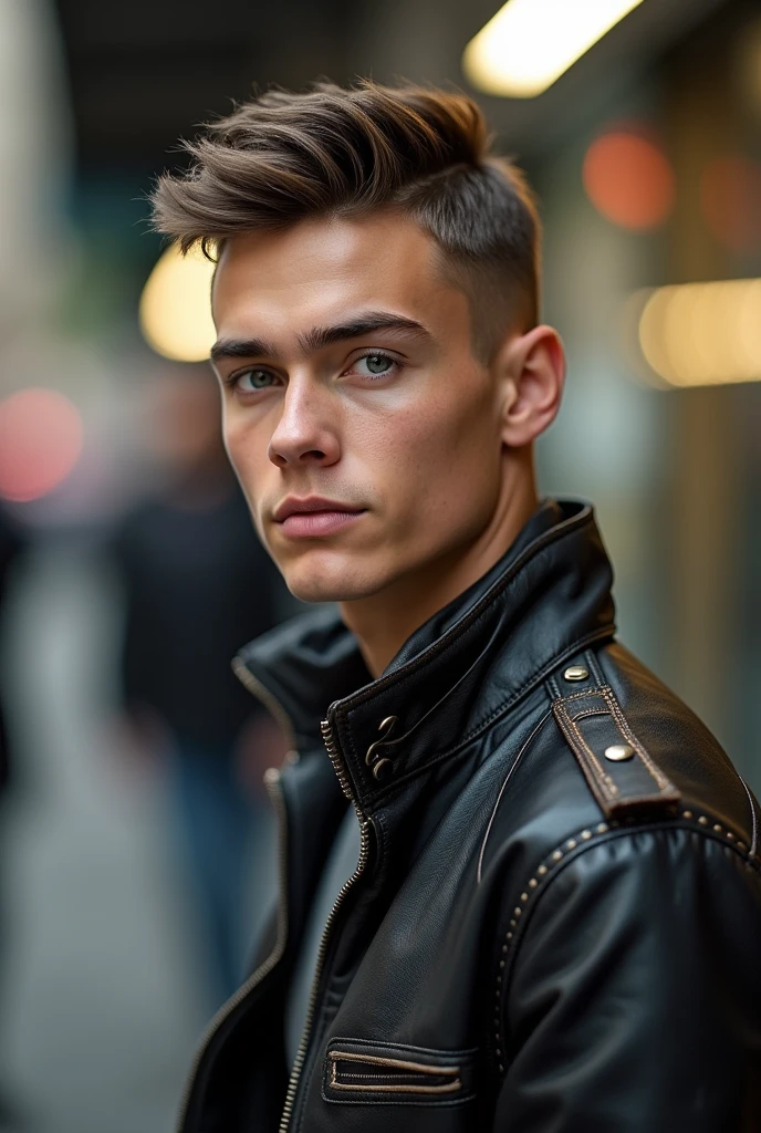 ((best qualityer)) ((low haircut)) young white man, leather jacket, light blurry background