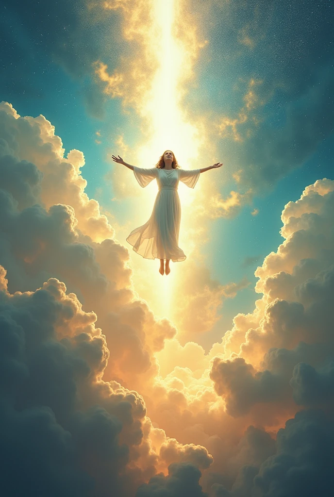 A heavenly vision, where a figure is floating in the air, elevated by a current of luminous energy that connects it to the sky. ao redor, soft, glowing clouds envelop the scene, with sunlight filtering through them. The figure has open arms, as if in a state of pure freedom and spiritual connection. below, the earth is a mosaic of vibrant colors, representing the vitality and beauty of life on earth, while above, the sky reflects a vast universe full of stars.