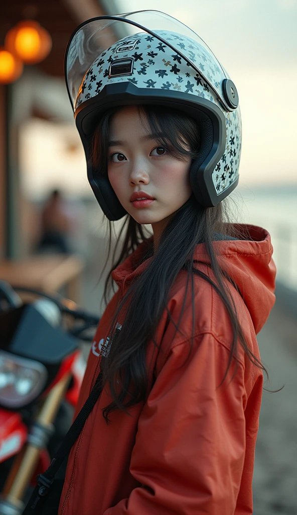 realistic, cinematic scene, very beautiful Japanese high school girl, standing next to the off-road motorcycle, in front of a trendy seaside cafe, dramatic scene, masterpiece, (face focus:1.3), clear helmet visor, beautiful eyes, Honda CRF250L, stylish patterned Shoei helmet, (wearing off-road rider's outfits), (shoot from behind:1.3)