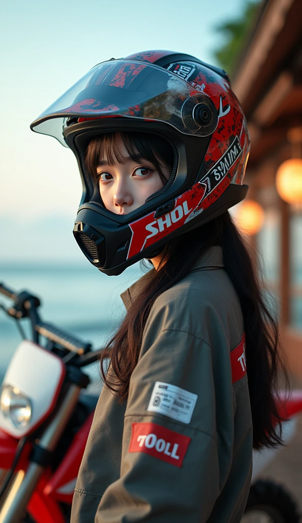 realistic, cinematic scene, very beautiful Japanese high school girl, standing next to the off-road motorcycle, in front of a trendy seaside cafe, dramatic scene, masterpiece, (face focus:1.3), clear helmet visor, beautiful eyes, Honda CRF250L, stylish patterned Shoei helmet, (wearing off-road rider's outfits), (shoot from behind:1.3)