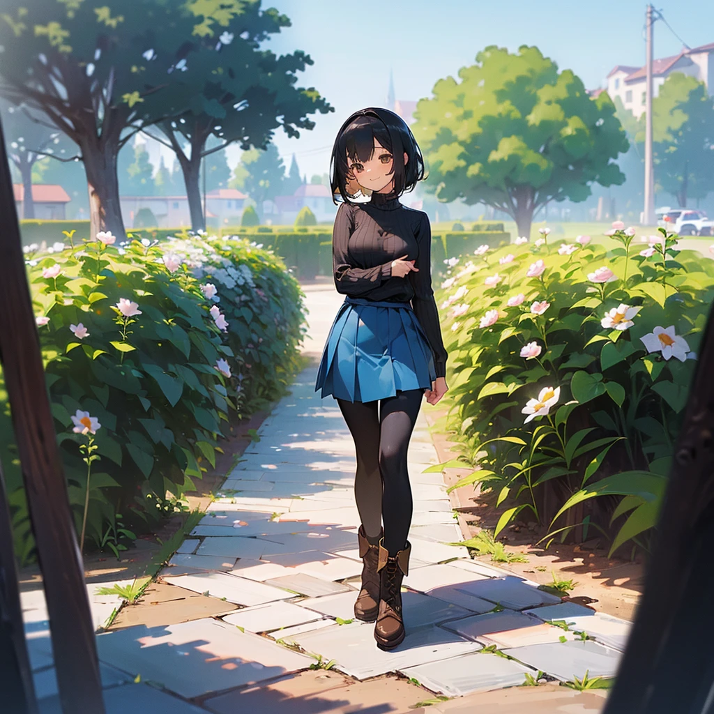 (high quality, High resolution, Very detailed, reality:1.37), Peaceful atmosphere, (Outdoor, garden), girl standing alone, (my breasts are big.), Beautiful details, Cute Smile, (Black bob hair), Ribbed sweater, Blue Skirt, Black tights, Brown boots.