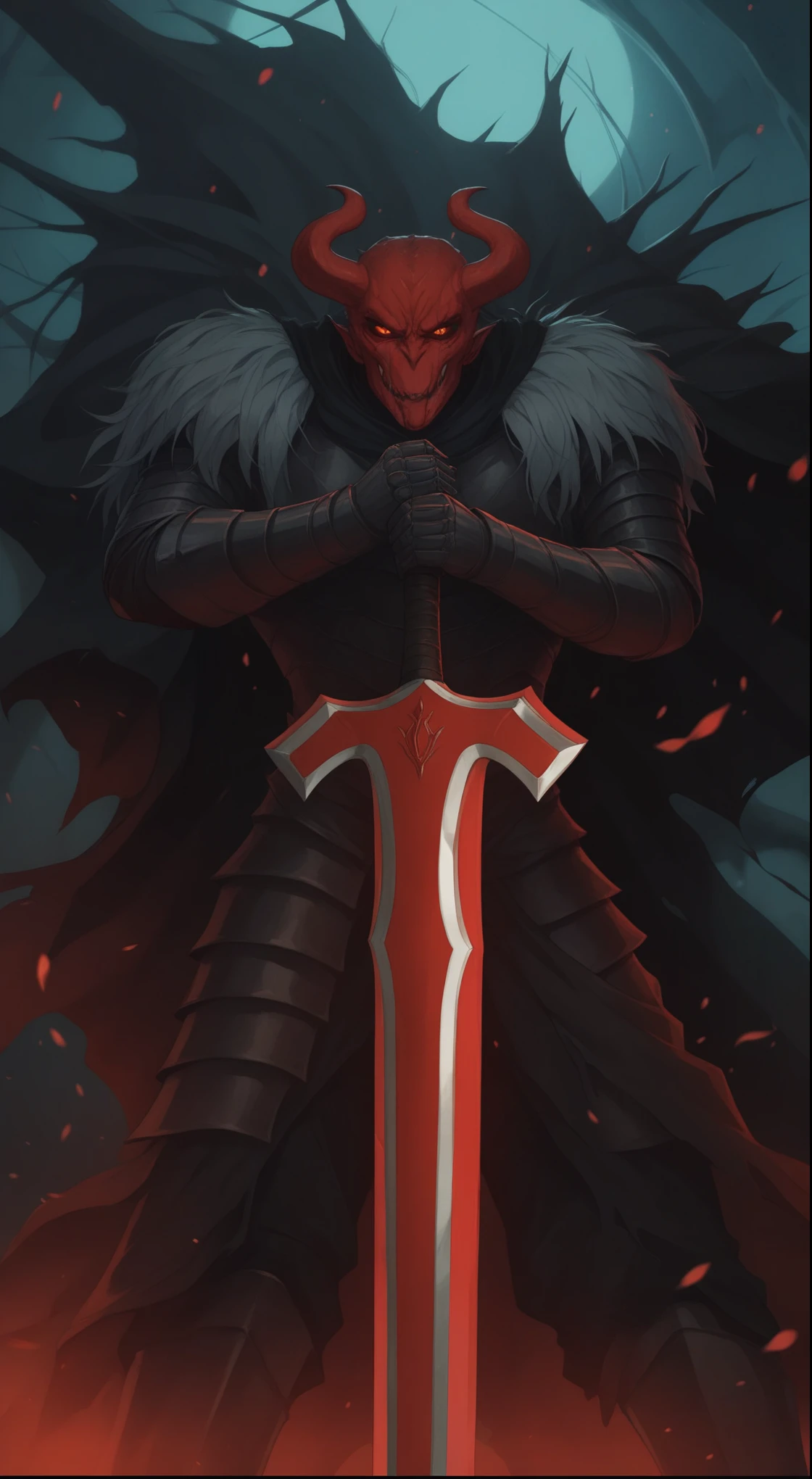 a close up of a person holding a sword in a dark forest, blood knight, berserk skullknight black armor, anthropomorphic raven knight, evil knight, berserk art style, grimdark paladin, berserk guts, dark souls art style, badass anime 8 k, ares with heavy armor and sword, demon slayer artstyle, lord of cinder