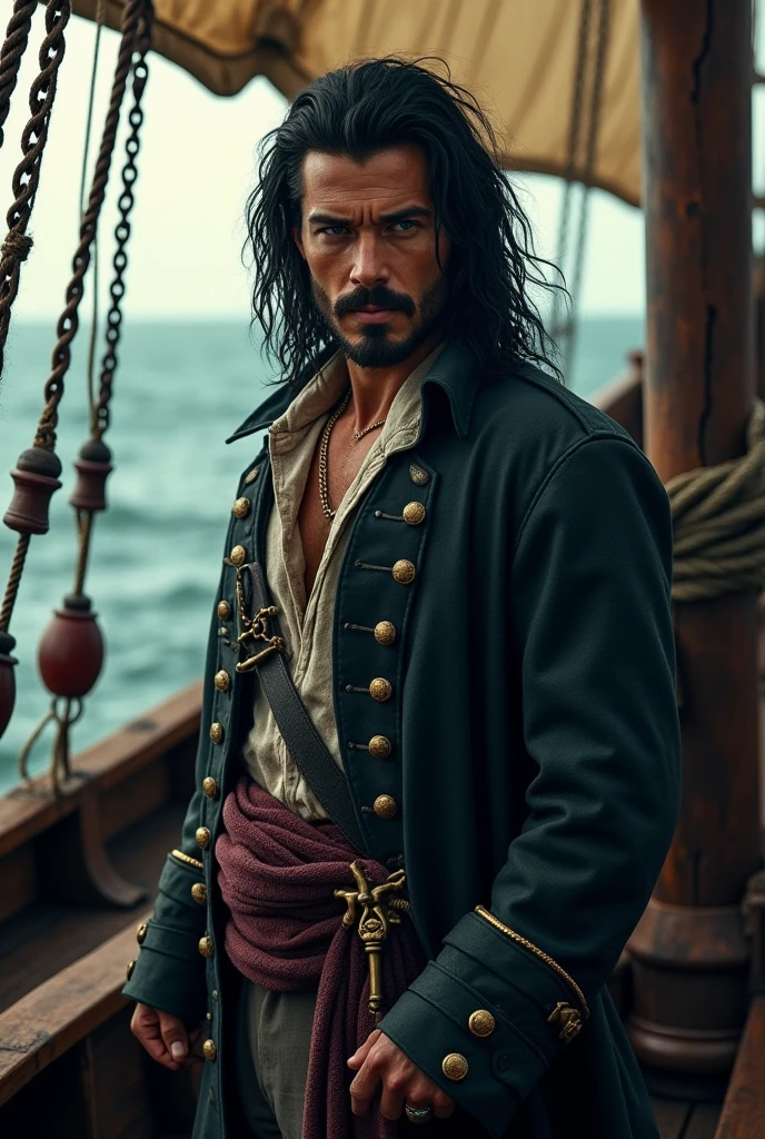 A pirate with shoulder-length black hair, handsome and dark eyes inside a pirate ship.