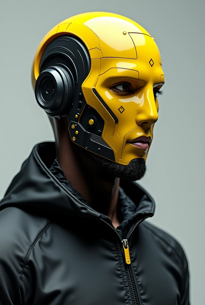 Man with technological mask that covers his entire face, yellow and black on his face 