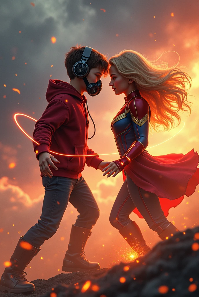 Young boy with red hoodie, headphones, star-lord helmet, gas helmet, covered mouth, round red eyes, Red eyes, magic rings in the hands and rocket boots, Vs, Capitana marvel (Big tits), Fighting, power, fiction, full body, 2 persons, magic lasso, hight, fall, fire in boots, poweful spells, realistic, helmet, mask, punch, gun, flying in the sky, love, passion, kissing, Romance