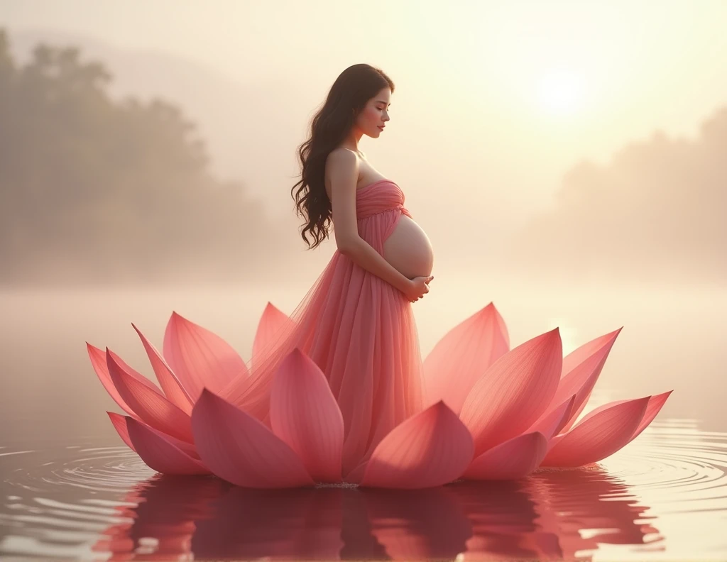 full length, black hair pregnant , woman watching in camera , full body font pose , both hand on belly ,red dress , Beautiful face, dress made of red rose petals, Light pink and light white tones, Esbian Full Body, beautiful backgrouond , daylight, Efeito de Luz, Minimalistic, Solar, pure tenderness, soft lighting, Realism. beautiful woman stand on a super giant lotus with double and long petals (petals made of thin, soft transparent,streaming, fabrics, full background of flowing petals, floating flower, super flying petals, Smoke effect, Fog, some water reflaciton mixed with petals), lotus dress, ((ss-through)) full length.