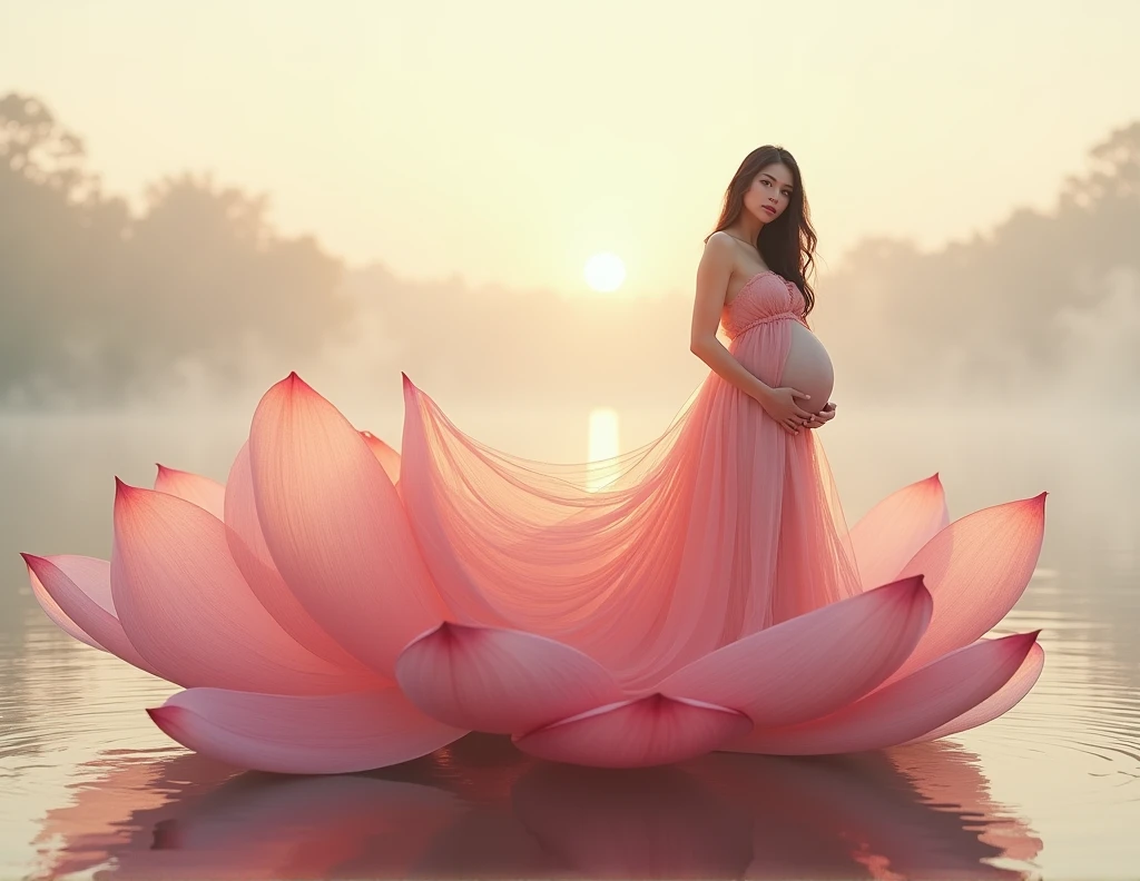 full length, black hair pregnant , woman watching in camera , full body font pose , both hand on belly ,red dress , Beautiful face, dress made of red rose petals, Light pink and light white tones, Esbian Full Body, beautiful backgrouond , daylight, Efeito de Luz, Minimalistic, Solar, pure tenderness, soft lighting, Realism. beautiful woman stand on a super giant lotus with double and long petals (petals made of thin, soft transparent,streaming, fabrics, full background of flowing petals, floating flower, super flying petals, Smoke effect, Fog, some water reflaciton mixed with petals), lotus dress, ((ss-through)) full length.
