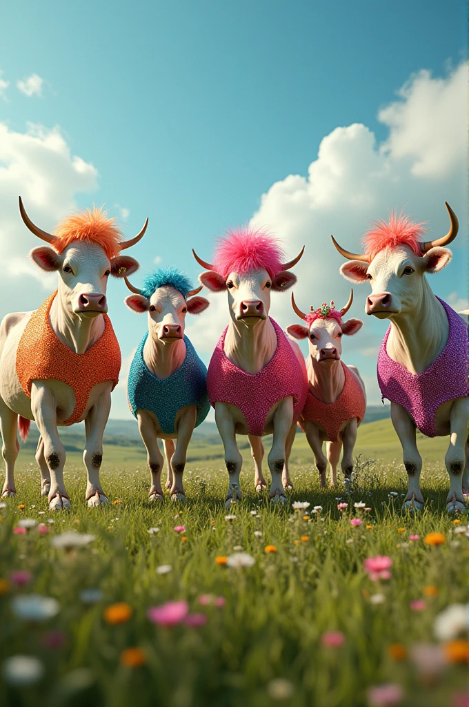 Six cows dressed as drag queens in a meadow 