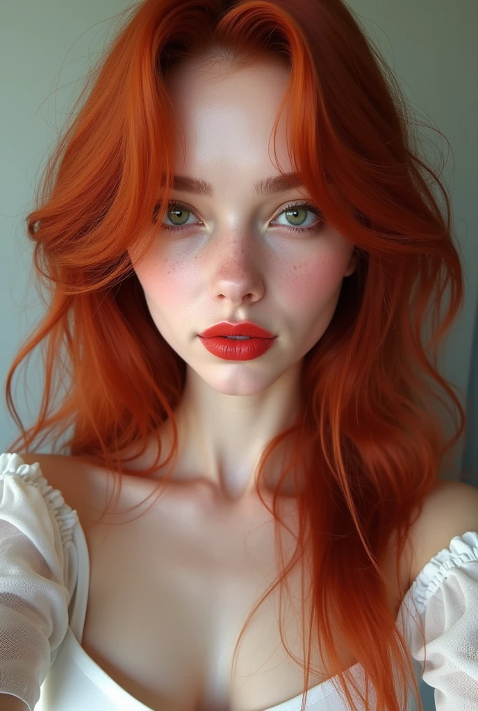 1 blonde woman photographed from the front in a selfie style looking at the camera, her skin is white, her eyes are green, her lips are parted, her hair is red and long with a small part of it over her face, realistic and detailed face, beautiful woman, , detailed face, Art work, 1 young style, Beautiful ultra detailed and realistic 8k model, long hair, She wears a short white blouse, medium t-shirt, sexually, photorealistic.1girl
solo
long hair
looking at the viewer
red hair
shirt
white shirt
upper body
parted lips
lips
realistic
red lips
INFO

