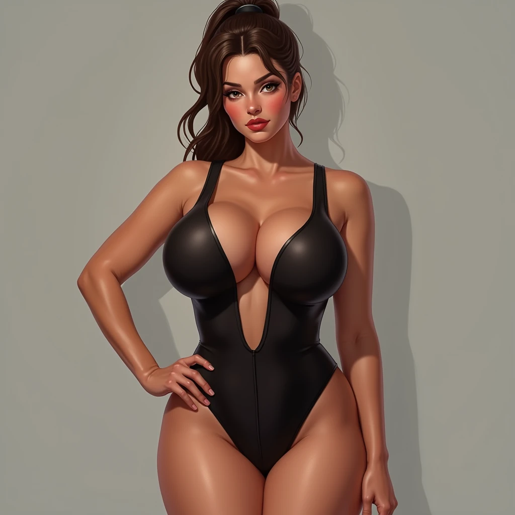 Curvy swimmer girl in extremely tight one piece swimsuit, she is got and flushed, her hair is tied back in a tight pony tail. Her hair is brown and longLooking at viewer, large breasts and large thighs with no gap