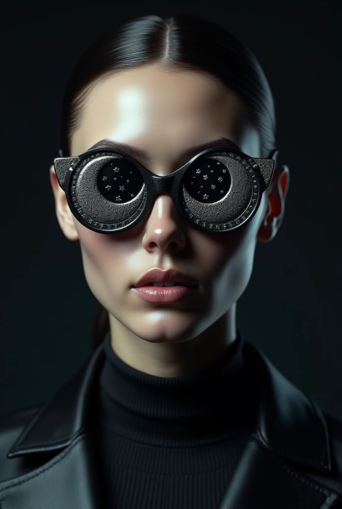 The model is wearing glass sunglasses with stars and the moon on the glass with farri f
8