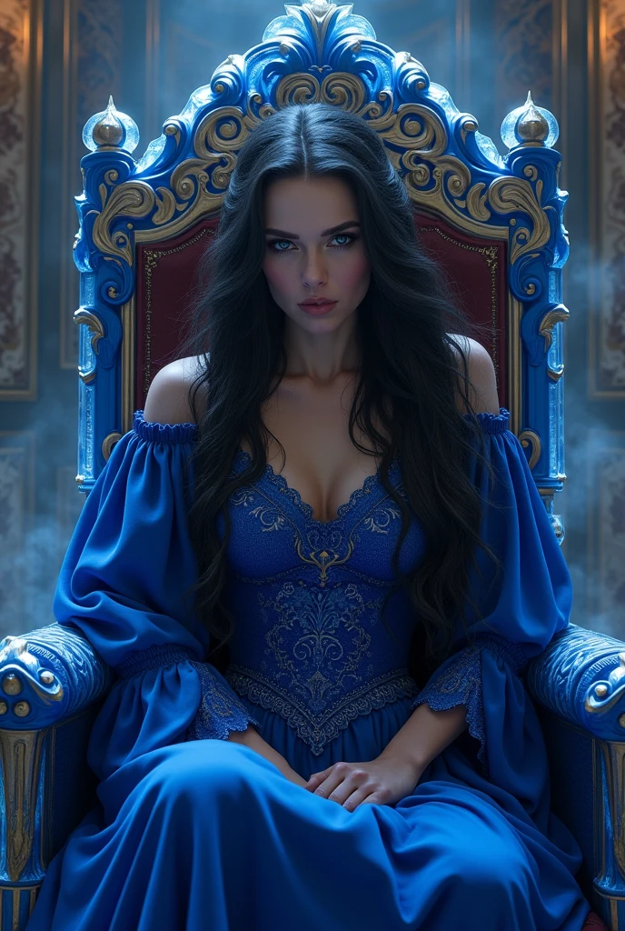 a duchess with blue eyes and black hair angrily sitting on her sapphire throne, with her blue dress