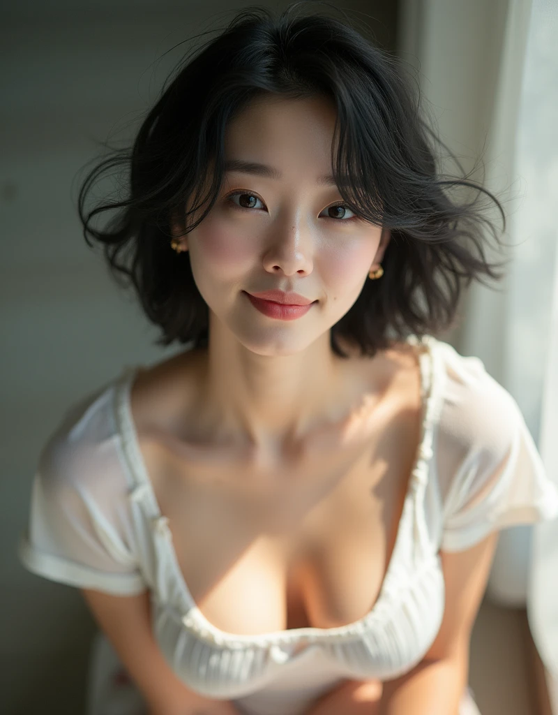 (Highest quality, 8k, 32K, masterpiece, Ultra-high resolution:1.2),Beautiful Japanese Women Photos,Black short hair,Beautiful Face,(Leaning forward:1.3),squat,(From above:1.2),(close:1.4),throw,,Look at other people,smile, Loose fitting T-shirt,Large Breasts,Beautiful nipple exposure,Outdoor,the wind is strong,Glowing Skin, indoors, Blurred Background