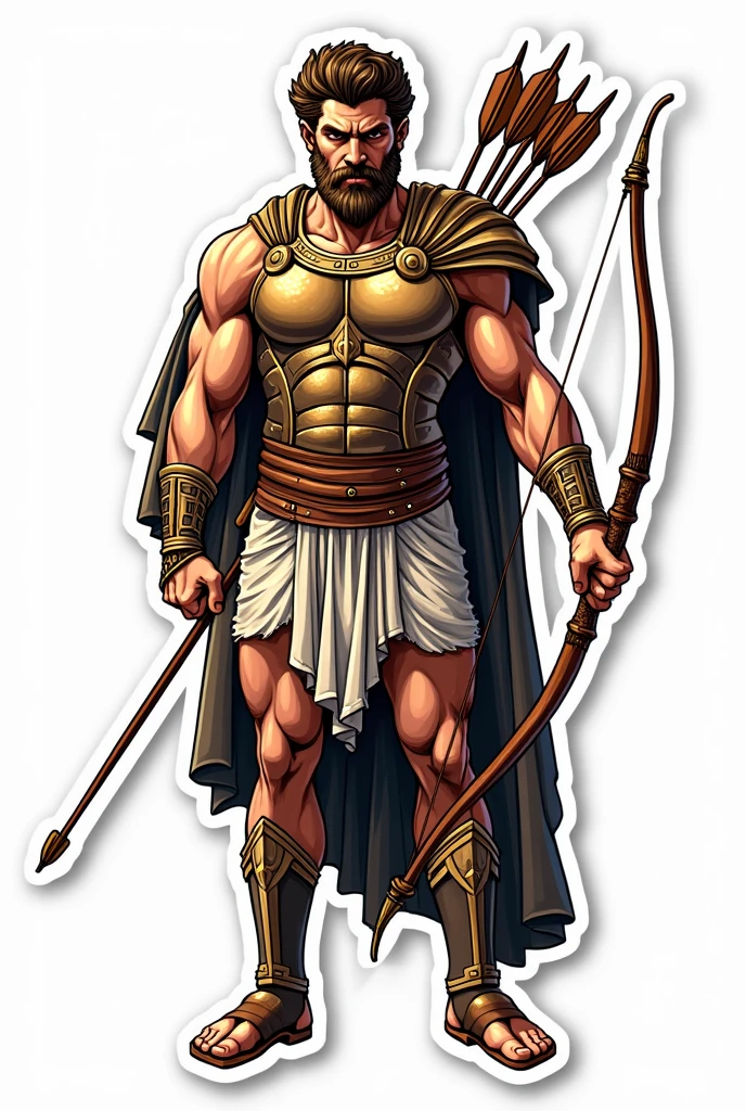 Apollo the god of sun wearing an armour and holding a bow and arrow and a lyre. Make him facing in front and his face a little fierce. No background, with bold outline, and sticker style. Make it just a half body. Make him holding the bow in his right hand, the lyre in his left hand, and the arrows at his back.