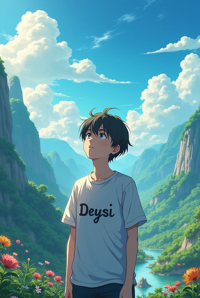 A young man who is into anime thinking that the background is a landscape and that on his shirt he has the name deysi