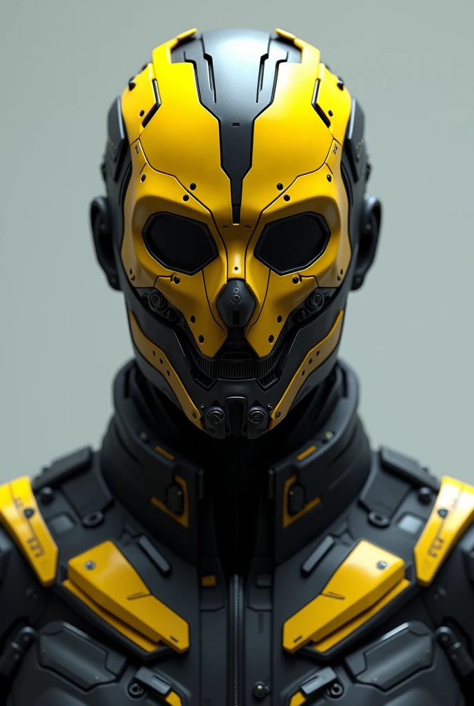 Man with technological mask that covers his entire face, yellow and black on his face