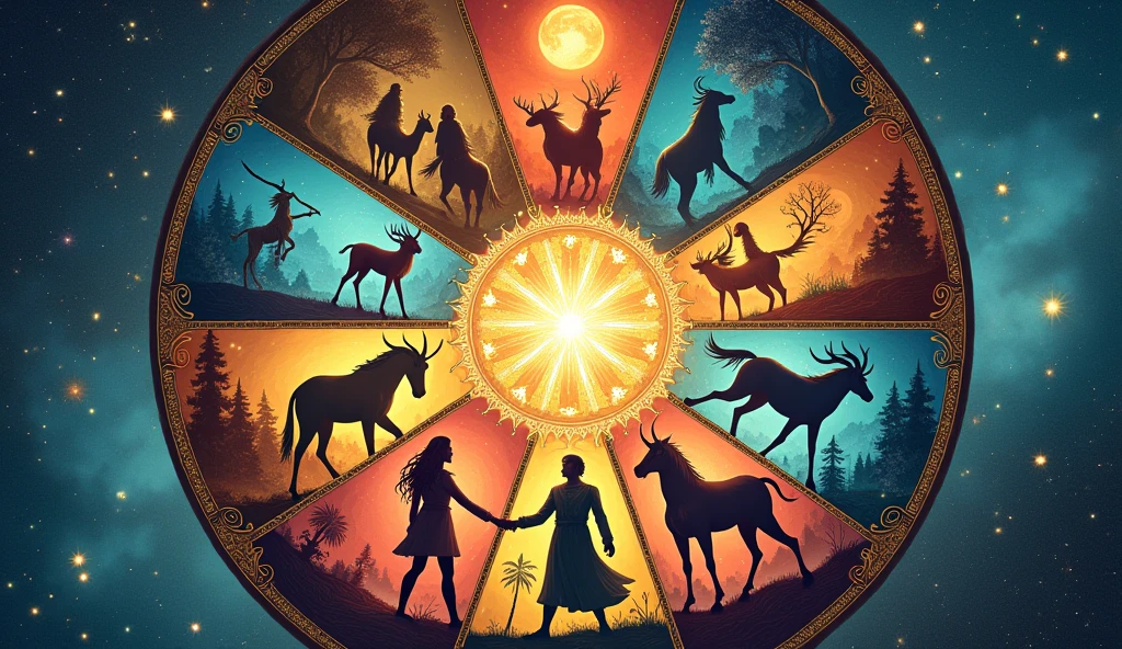 A vibrant zodiac wheel with each sign depicted in dynamic scenes corresponding to their unique experiences, such as personal growth or career changes. The mood should be engaging and individualized. --ar 16:9