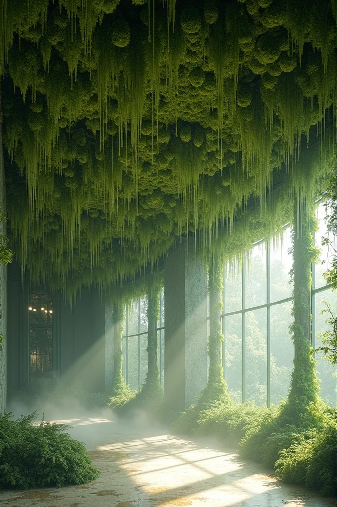 The ceiling appears as a lush, organic tapestry of grass-like moss, weaving a surreal atmosphere into the space. The surface is densely covered with various shades of green, from deep emerald to light, almost translucent limes, creating a rich, living texture that feels both wild and serene. Thin strands and delicate tendrils of moss hang down, resembling dripping water, yet their motion is frozen, suspended in time. These hanging elements catch the light, casting soft, shifting shadows below that mimic the dappled effect of sunlight through a forest canopy.
Amidst the green expanse, white elements appear, reminiscent of liquid droplets or beads of dew, creating the illusion of water suspended in mid-air. These white drips are ethereal and ghostly, adding an otherworldly quality to the scene, as if the ceiling itself is a thought solidified, dripping gently into the room. The contrast between the vibrant greens and the soft whites gives the ceiling a dreamlike quality, merging nature with a sense of fantasy. It's as if the room is being enveloped by a living, breathing sky, inviting a sense of tranquility and wonder, making you feel as though you are walking beneath a lush, dewy forest canopy suspended in time.