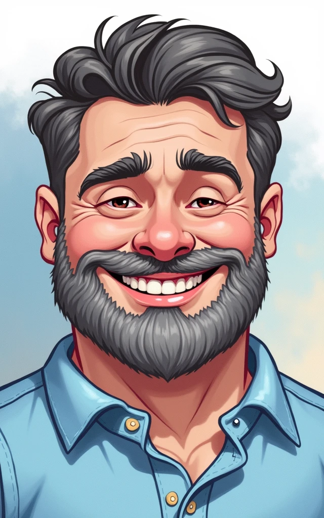 Cartoon character of a bearded, slightly chubby Caucasian man in a blue shirt, smiling, with gray beard strands and slightly closed eyes when smiling