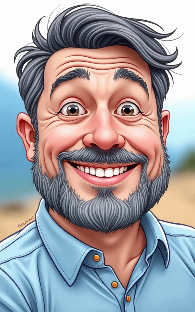 Cartoon character of a bearded, slightly chubby Caucasian man in a blue shirt, smiling, with gray beard strands and slightly closed eyes when smiling