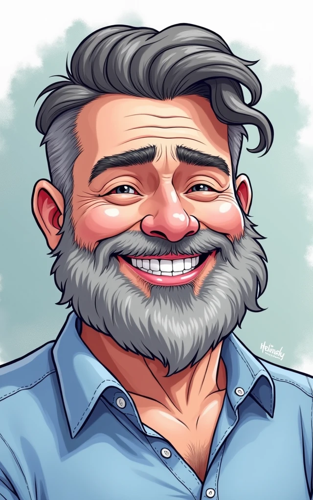 Cartoon character of a bearded, slightly chubby Caucasian man in a blue shirt, smiling, with gray beard strands and slightly closed eyes when smiling