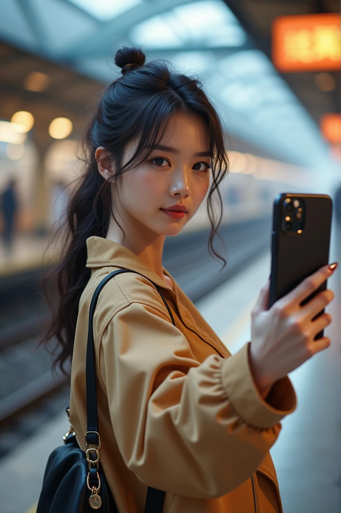 Korean idol-like girl taking a selfie at the train station