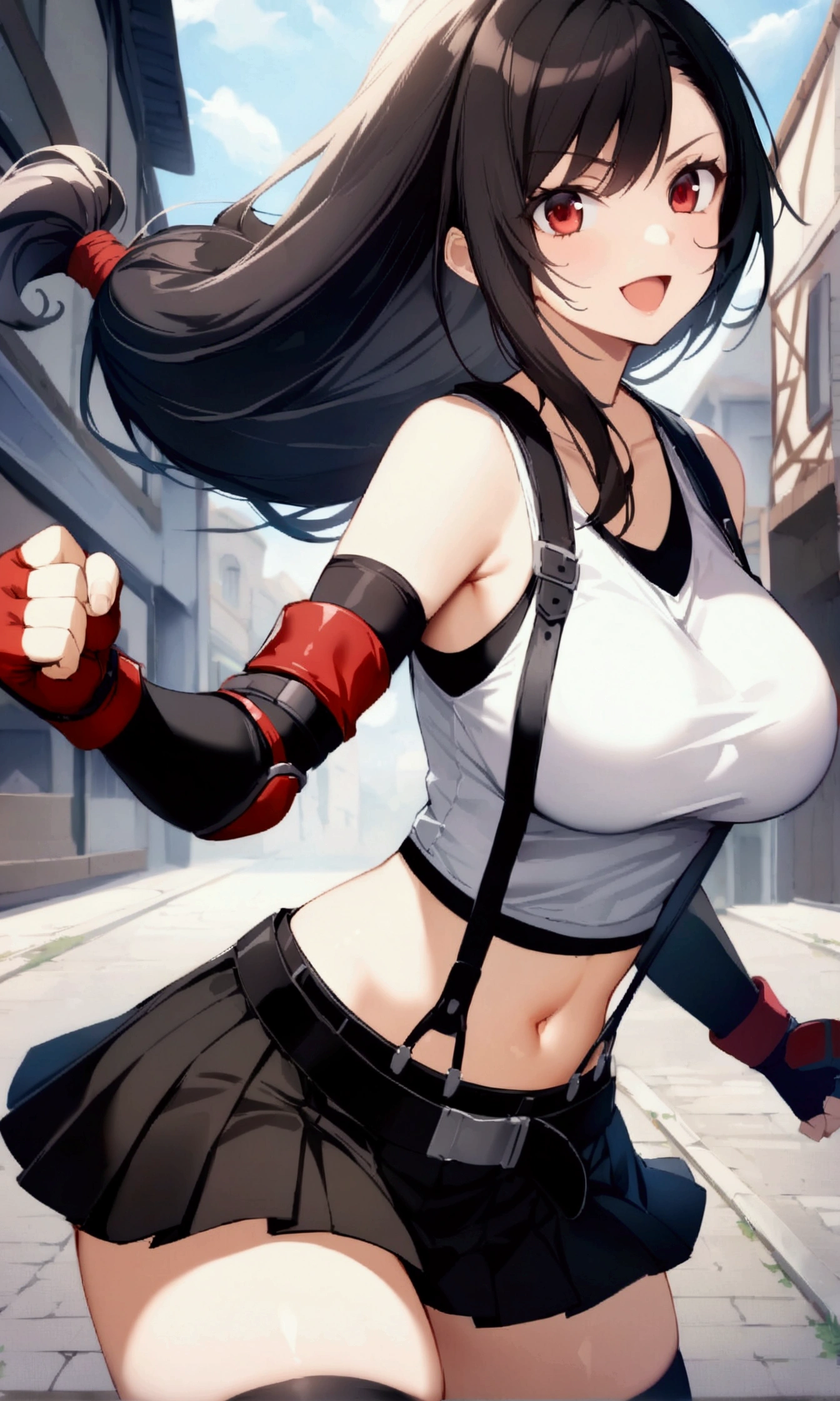 (score_9, score_8_up, score_7_up), BREAK (masterpeace),(best quality),(aesthetic,very aesthetic),(highly detailed),1girl, tifa lockhart, final fantasy,(beautiful). black hair, low-tied long hair, red eyes, bangs, white tank top, belt, pleated skirt, thighhighs, elbow fingerless gloves, elbow pads, midriff, navel,suspender skirt.zettai ryouiki,large_breasts,gap,Solo,cowboy shot, vibrant, joyful,outdoor,(fighting stance:1.2),fist,navel focus